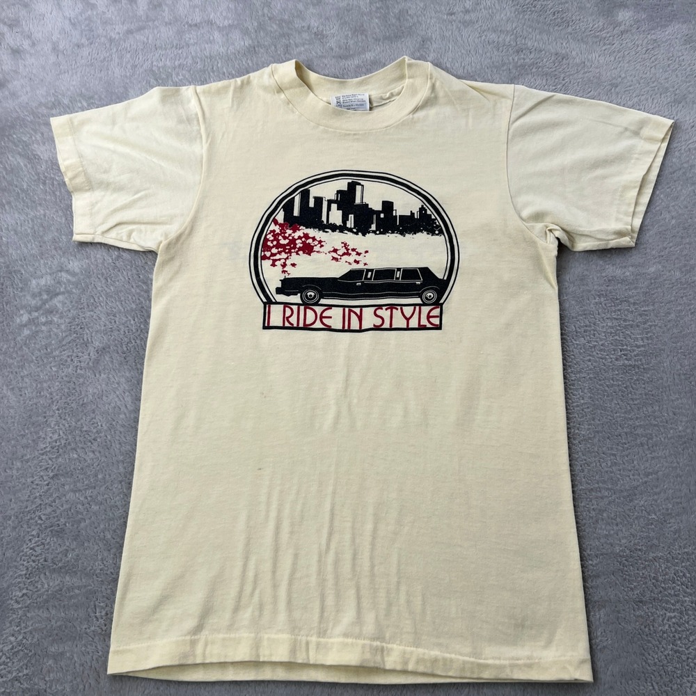Hanes Vintage I Ride In Style Graphic T-Shirt S Cream Men Single Stitch 80s Tee